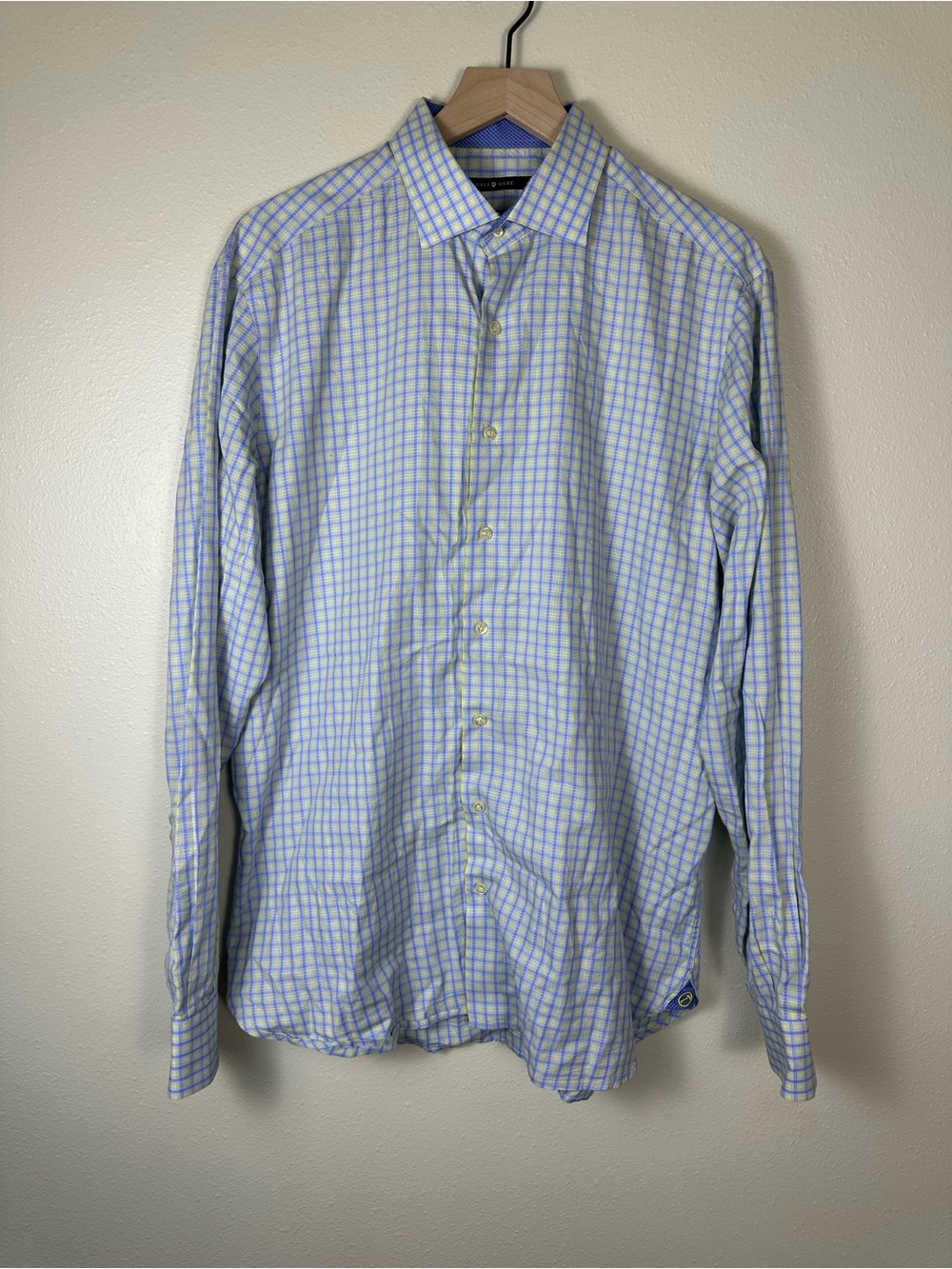 HAMMER MADE Men's 41 Pastel Blue Yellow Checked Long Sleeve Business Dress Shirt